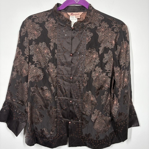 Monsoon Tops - VTG Monsoon Womens Embellished Oriental Top Size 10 Brown Y2K Floral Silk Blend